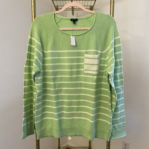 TALBOTS Womens Sweater XL Green Striped  Roll Neck Pocket Patty Lightweight NEW